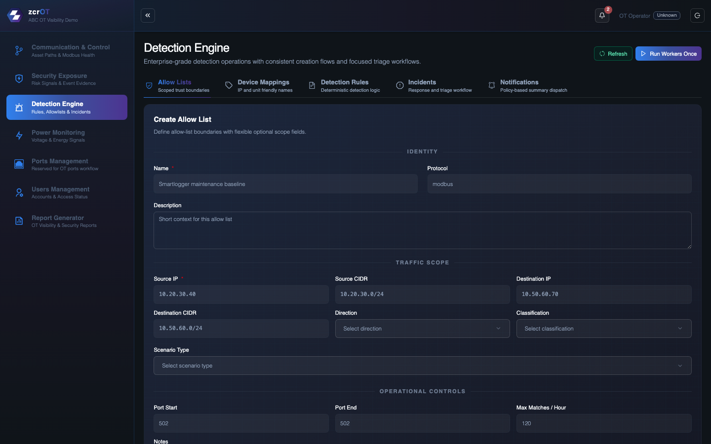 zcrOT Detection Engine dashboard